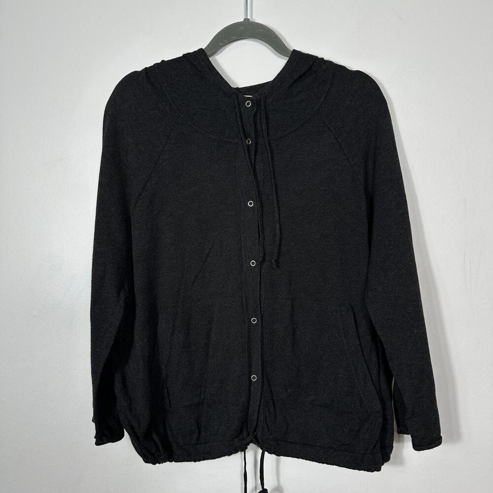 Eileen Fisher‎ Womens XS Black Organic Cotton Hooded Snap Cardigan Jacket